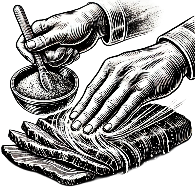 DALL·E 2025-02-10 11,26,42 - Create a black and white doodle-style illustration of rubbing spices on brisket, in the same expressive, sketchy style as the provided smoker image, T_processed