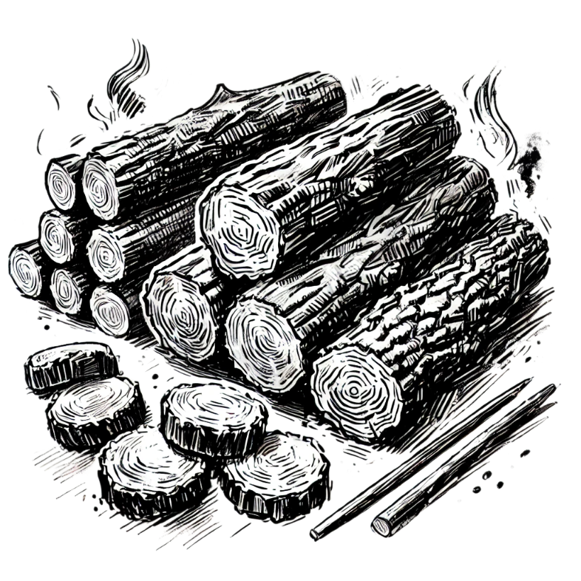 DALL·E 2025-02-10 11,28,11 - Create a simplified black and white doodle-style illustration focusing on just a few logs of wood in the center, The image should capture the wood log_processed