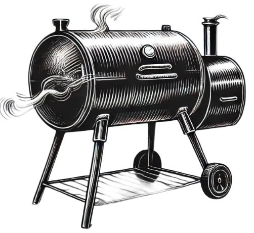 DALL·E 2025-02-10 11,29,32 - Create a black and white doodle-style illustration of an offset smoker in a dramatic, sketchy style, The image should capture the distinctive design o_processed_processed